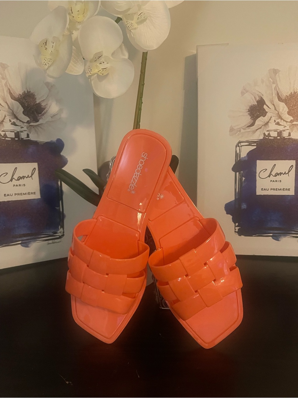 Shoe Dazzle Bright Orange Woven Slide Sandals